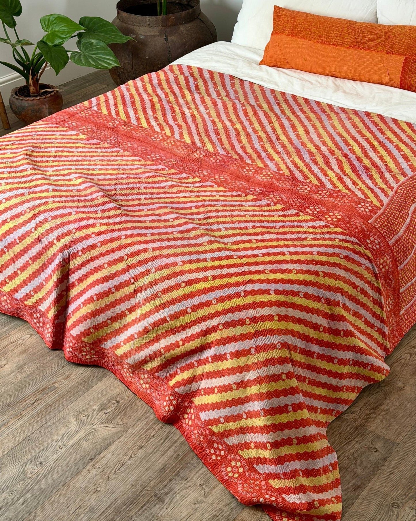 Large Fine Stitched Vintage Kantha Quilt in Orange, Black and Pink - Biggs & Hill