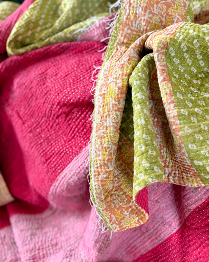 Extra Large Fine Stitched Vintage Kantha Quilt in Pink Stripes and Green