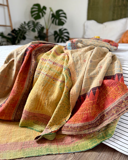 Large Textured Vintage Kantha Quilt In Soft Yellow and Orange