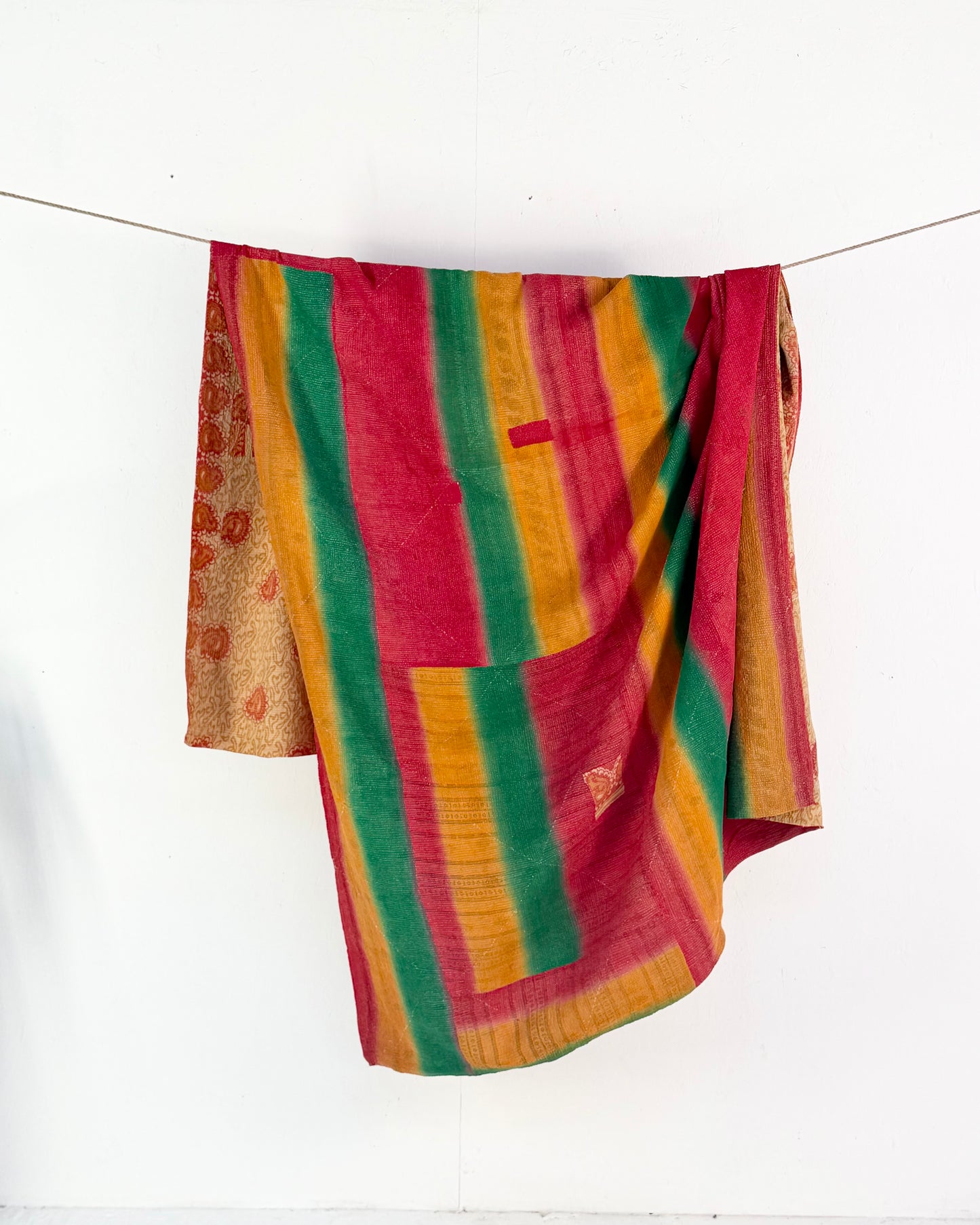 Extra Large Fine Stitched Vintage Kantha Quilt in Beige, Red and Green