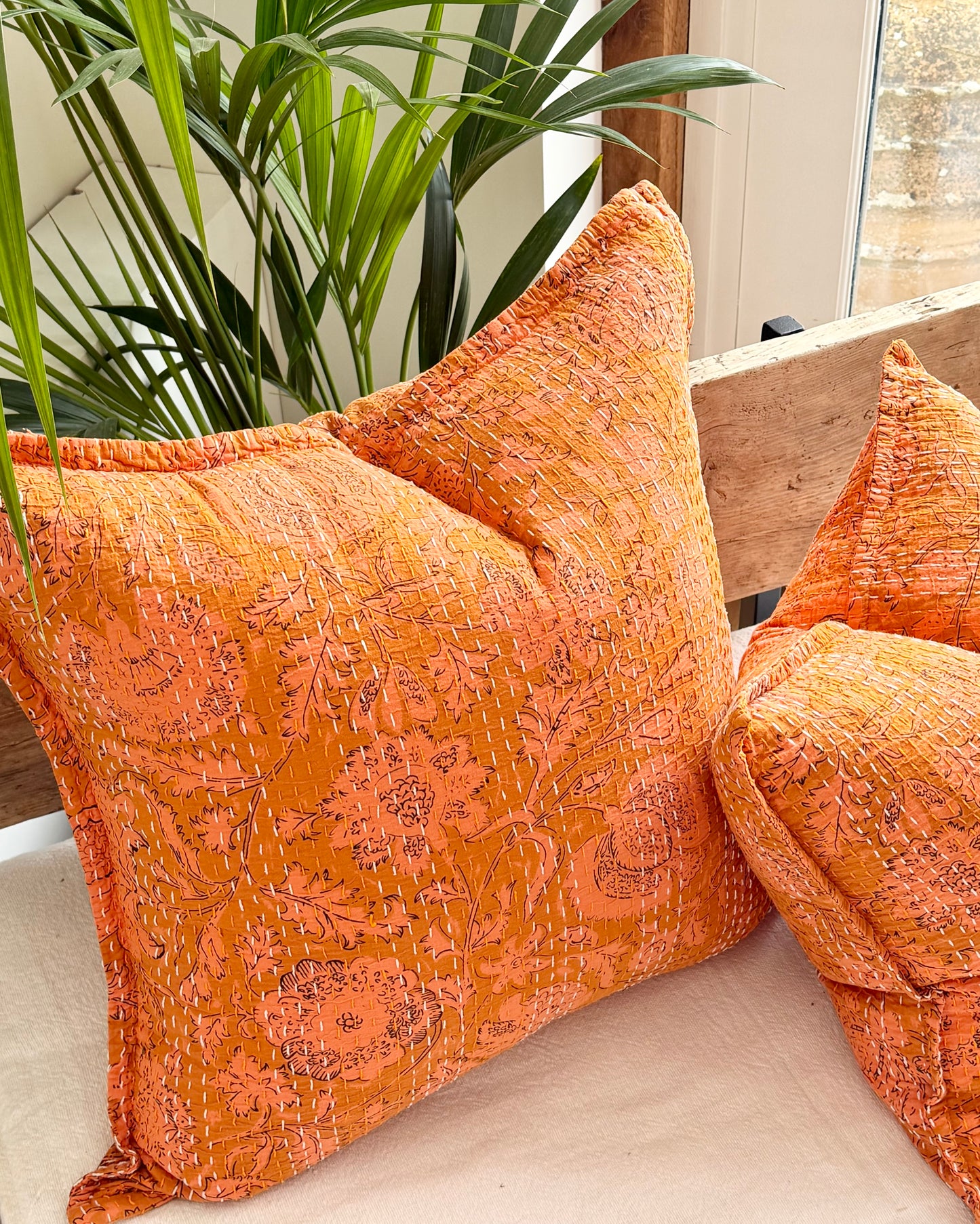 Sunset Orange Floral Block Printed Hand Stitched Square Kantha Cushion