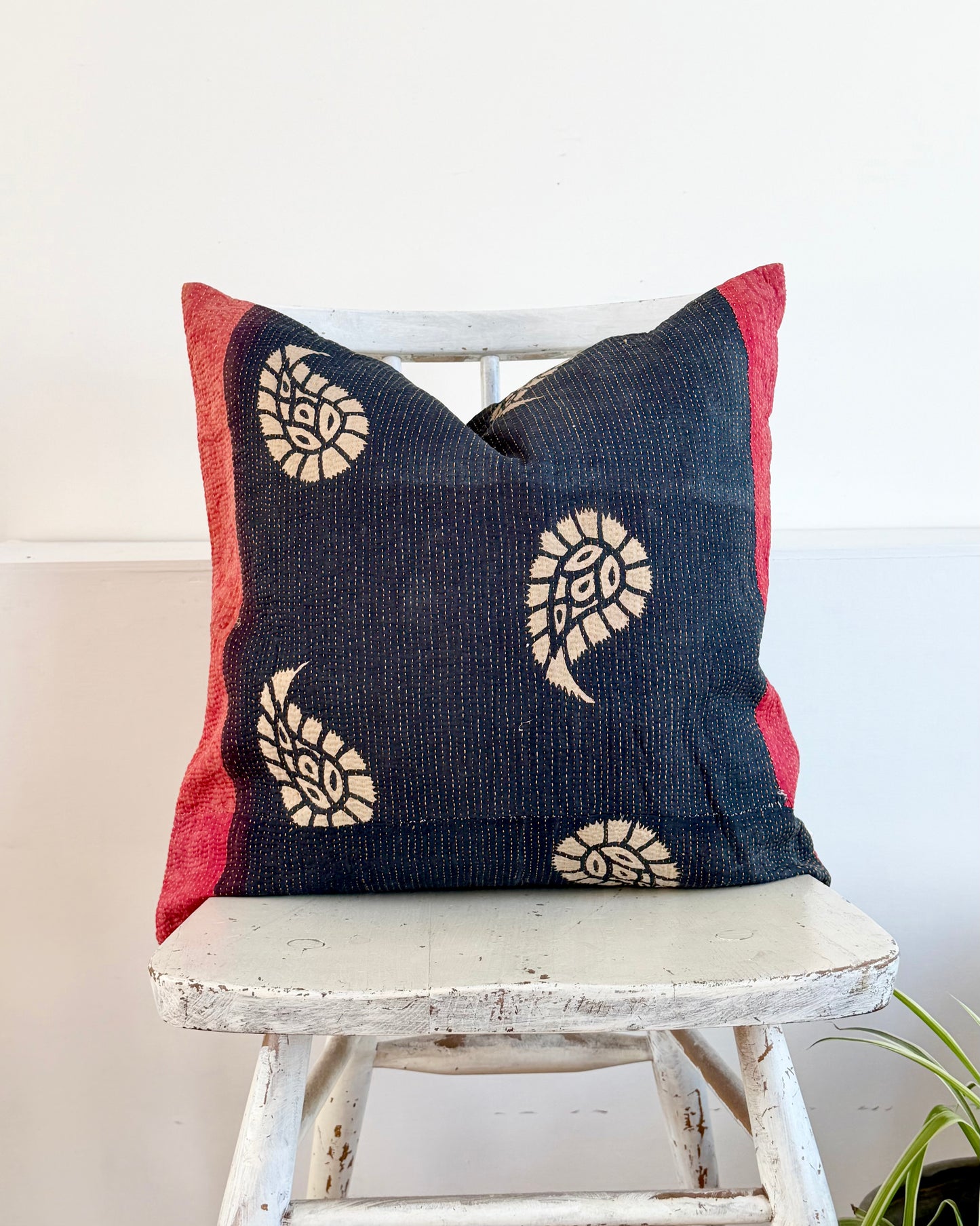 Vintage Kantha Cushion In Black and Red- 45cm Square