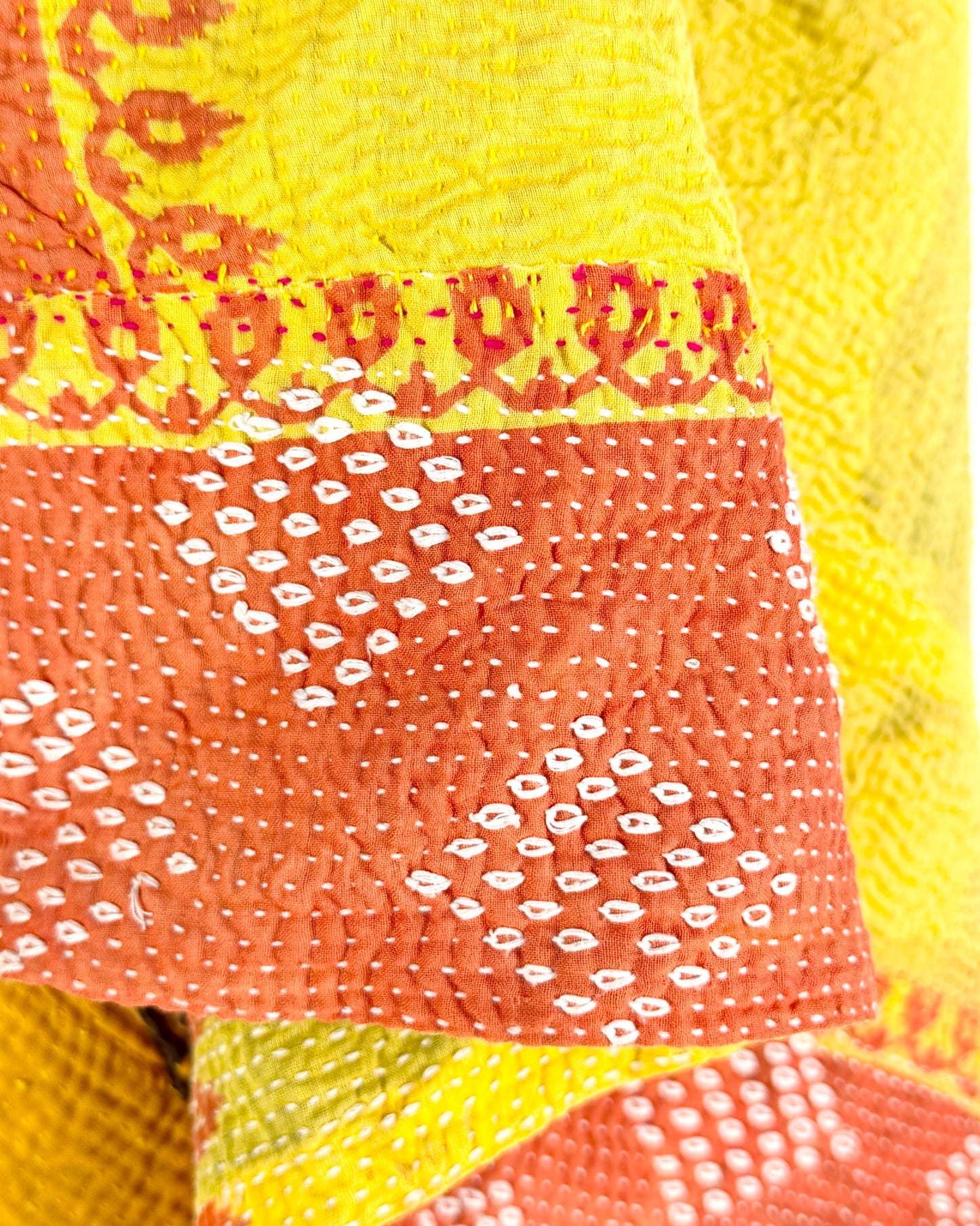 Large Embroidered Vintage Kantha Quilt in Yellow and Orange