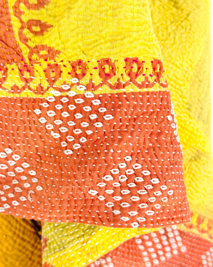 Large Embroidered Vintage Kantha Quilt in Yellow and Orange