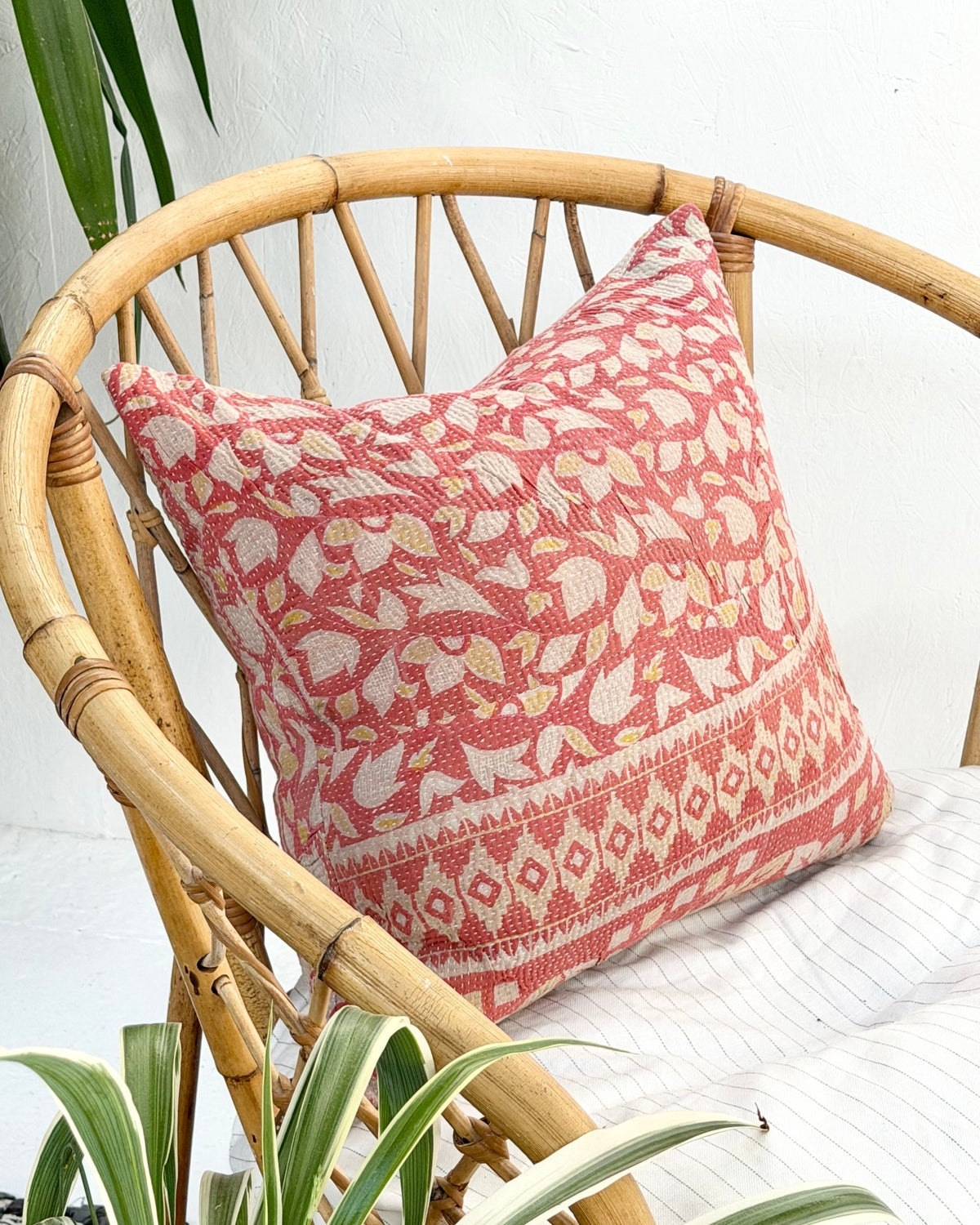 Handmade Vintage Kantha Cushion Cover In Pink Floral - 45cm (18") - Biggs & Hill