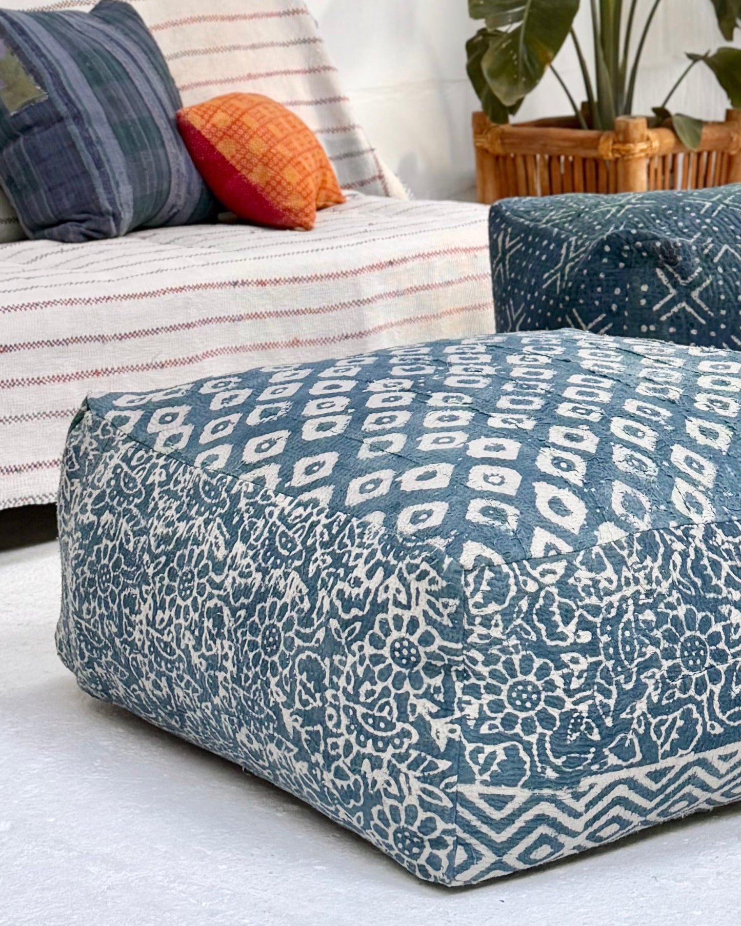 Extra Large Square Kantha Pouf Cushion Cover in Indigo Block Print