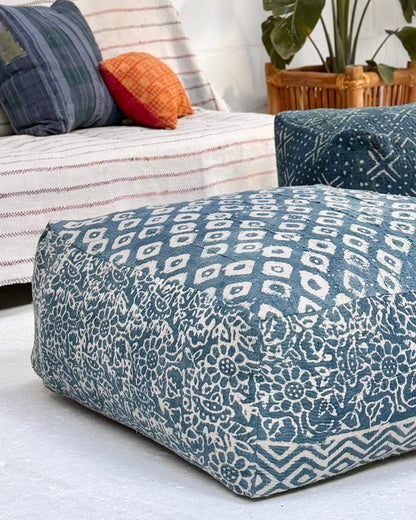 Extra Large Square Kantha Pouf Cushion Cover in Indigo Block Print