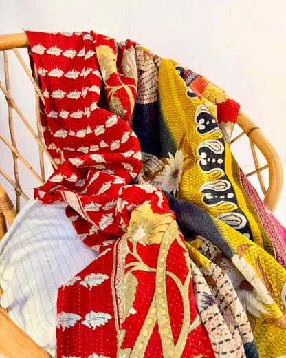 Large Fine Stitched Vintage Kantha Quilt in Pink, Red and Yellow