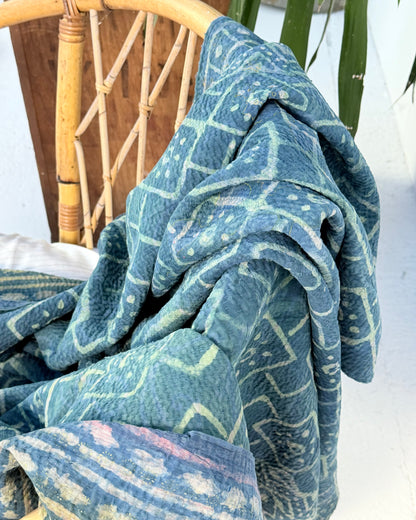 Large Heavy Indigo Print Kantha Quilt