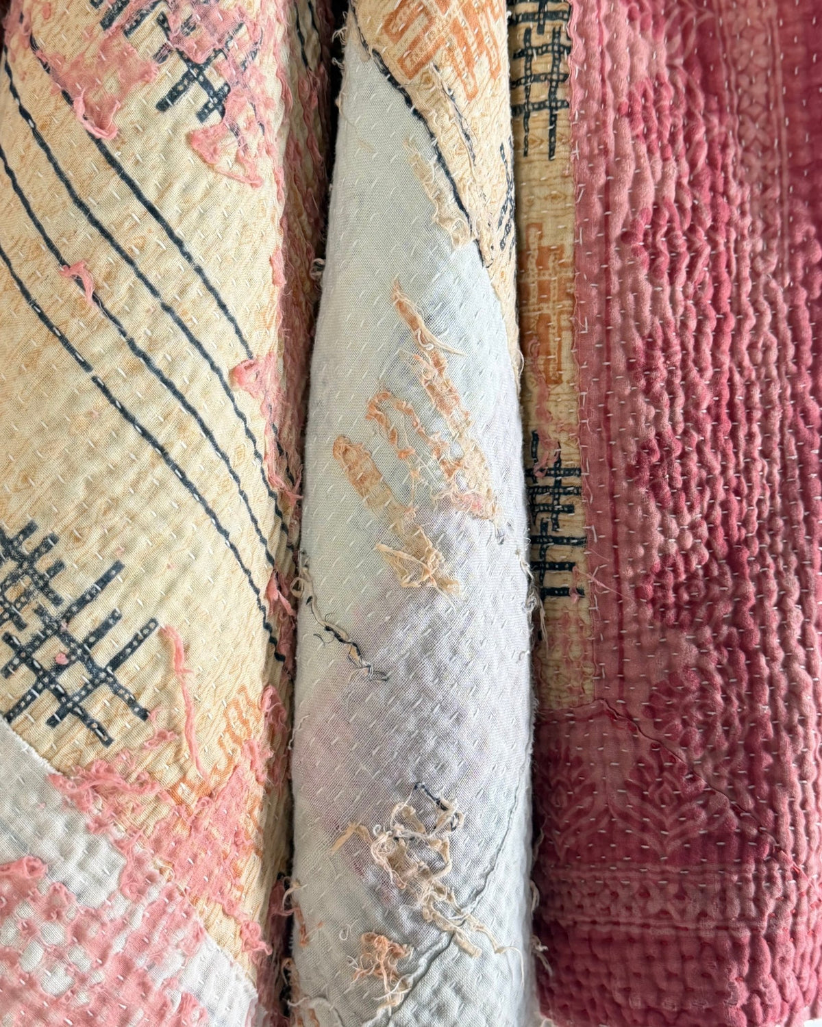 Large Textured Vintage Kantha Quilt in Peachy Pink and Yellow - Biggs & Hill