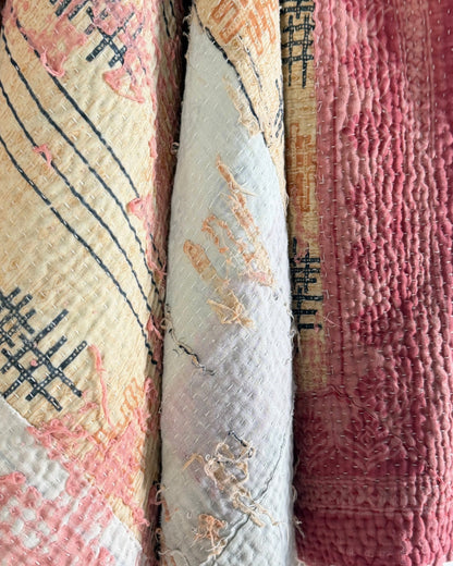 Large Textured Vintage Kantha Quilt in Peachy Pink and Yellow - Biggs & Hill