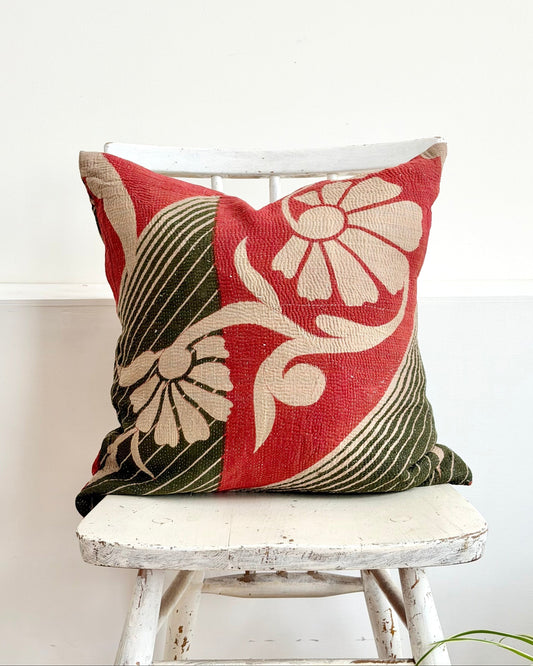 Vintage Kantha Cushion In Green and Pink- 45cm Square