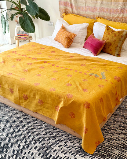 Extra Large Fine Stitched Vintage Kantha Quilt in Geometric Yellow and Orange