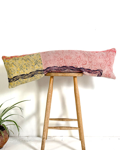 Vintage Kantha Bolster Cushion Cover In Green and Pink With Embroidery 30 x 100cm