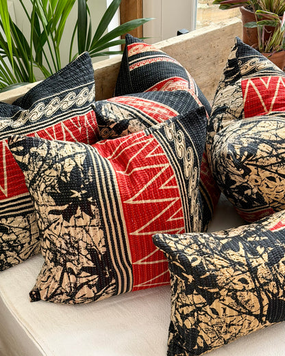 Vintage Kantha Cushion In Black and Red- 45cm Square