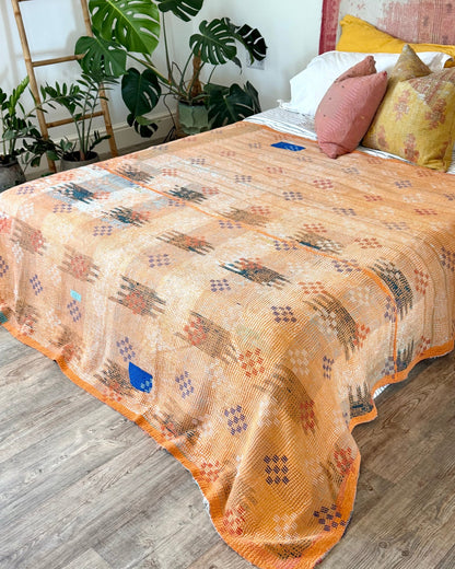 Fine Stitched Heavy Vintage Kantha Quilt in Soft Pink and Orange - FIRST picture - Biggs & Hill