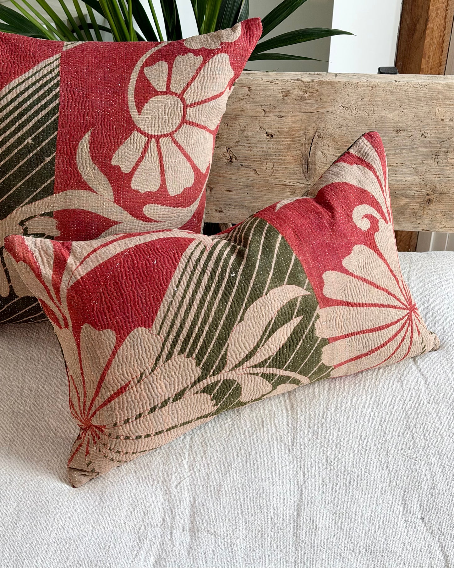 Vintage Kantha Cushion In Forest Green and Pink - Small Rectangular