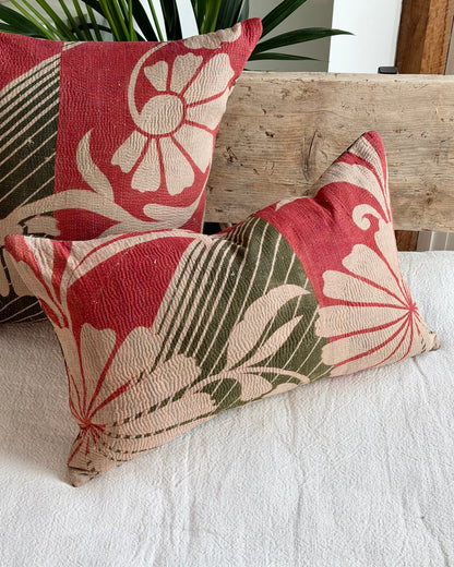 Vintage Kantha Cushion In Forest Green and Pink - Small Rectangular