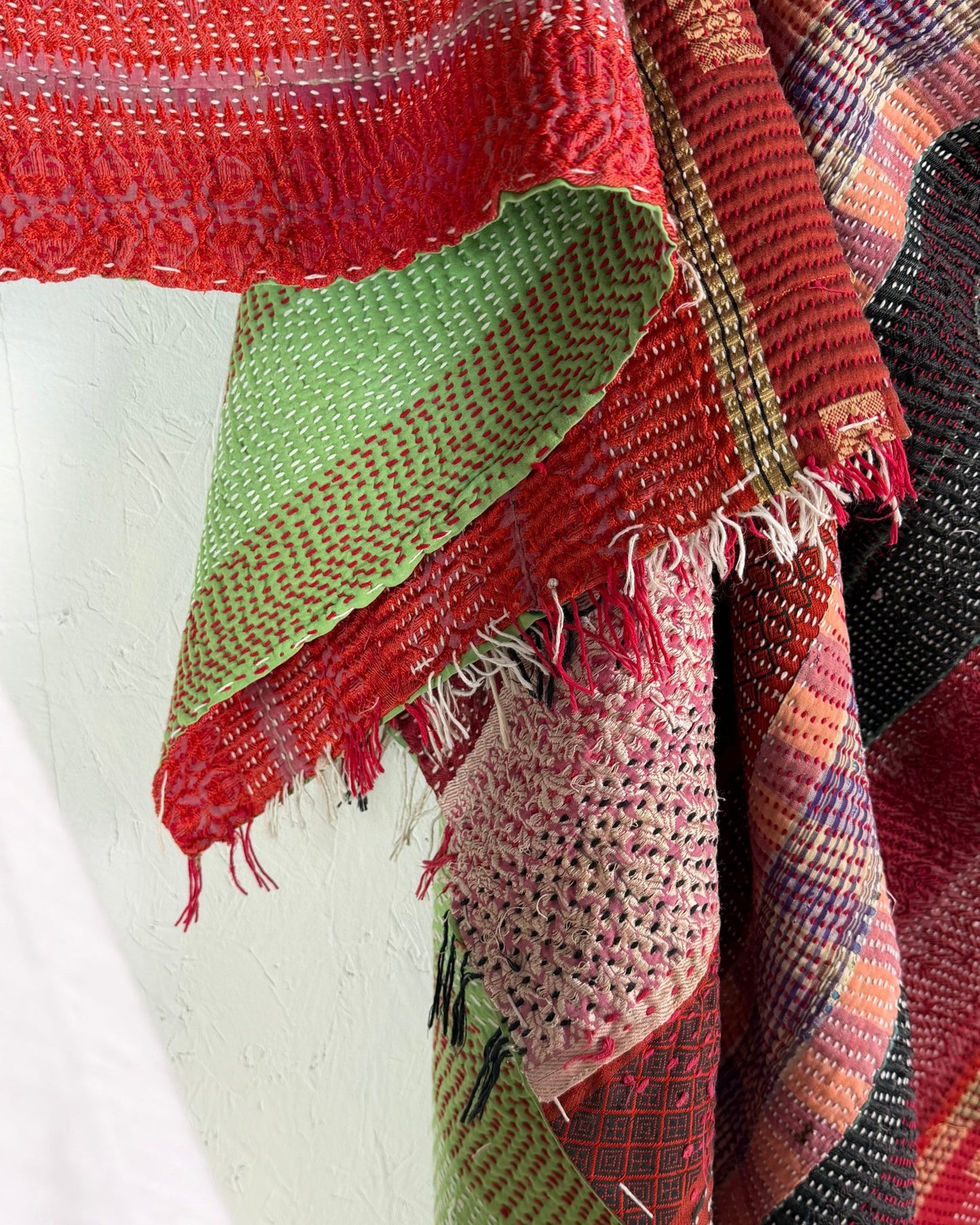 Heavy Kantha Blanket Quilt With Red Stripes And Green Back - Biggs & Hill