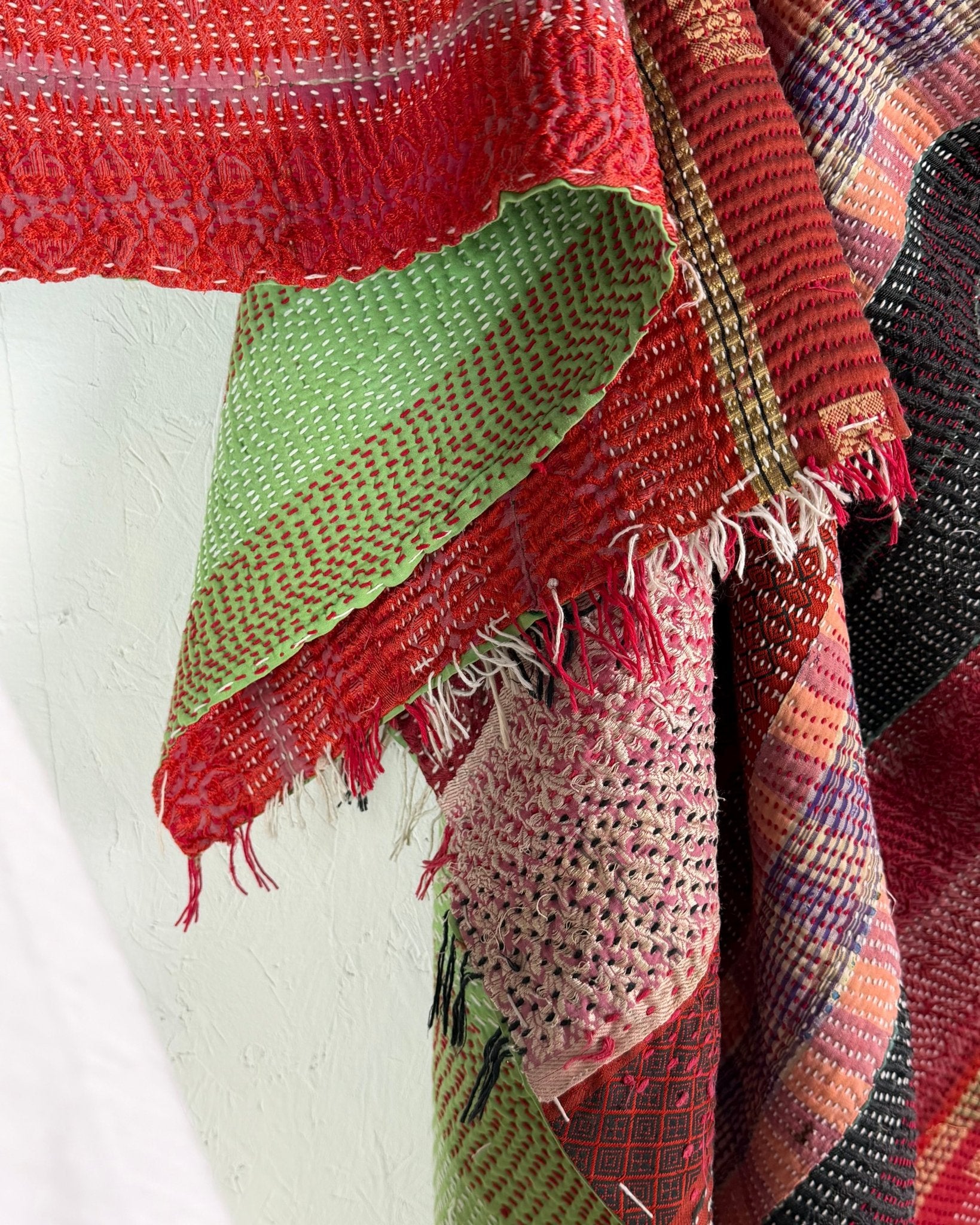 Heavy Kantha Blanket Quilt With Red Stripes And Green Back - Biggs & Hill