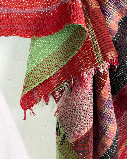 Heavy Kantha Blanket Quilt With Red Stripes And Green Back - Biggs & Hill