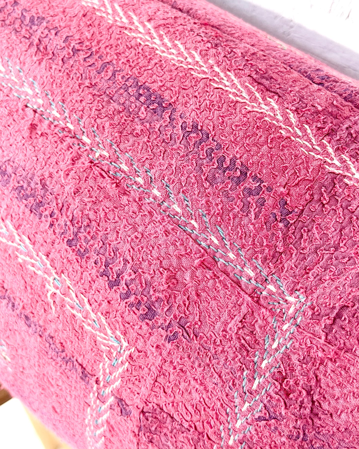 Vintage Kantha Bolster Cushion Cover In Pink With Embroidered Stripes - 80cm