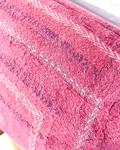 Vintage Kantha Bolster Cushion Cover In Pink With Embroidered Stripes - 80cm