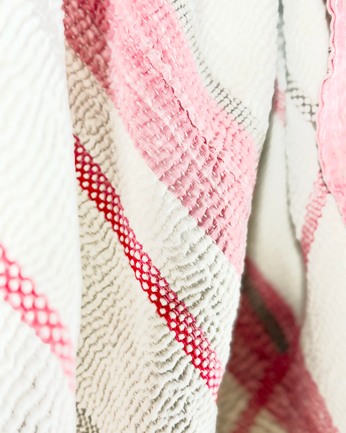 Embroidered Antique Vintage Kantha Quilt in White and Pink