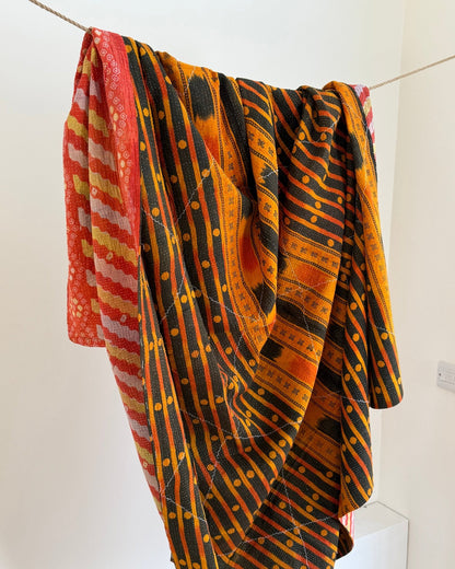 Large Fine Stitched Vintage Kantha Quilt in Orange, Black and Pink - Biggs & Hill