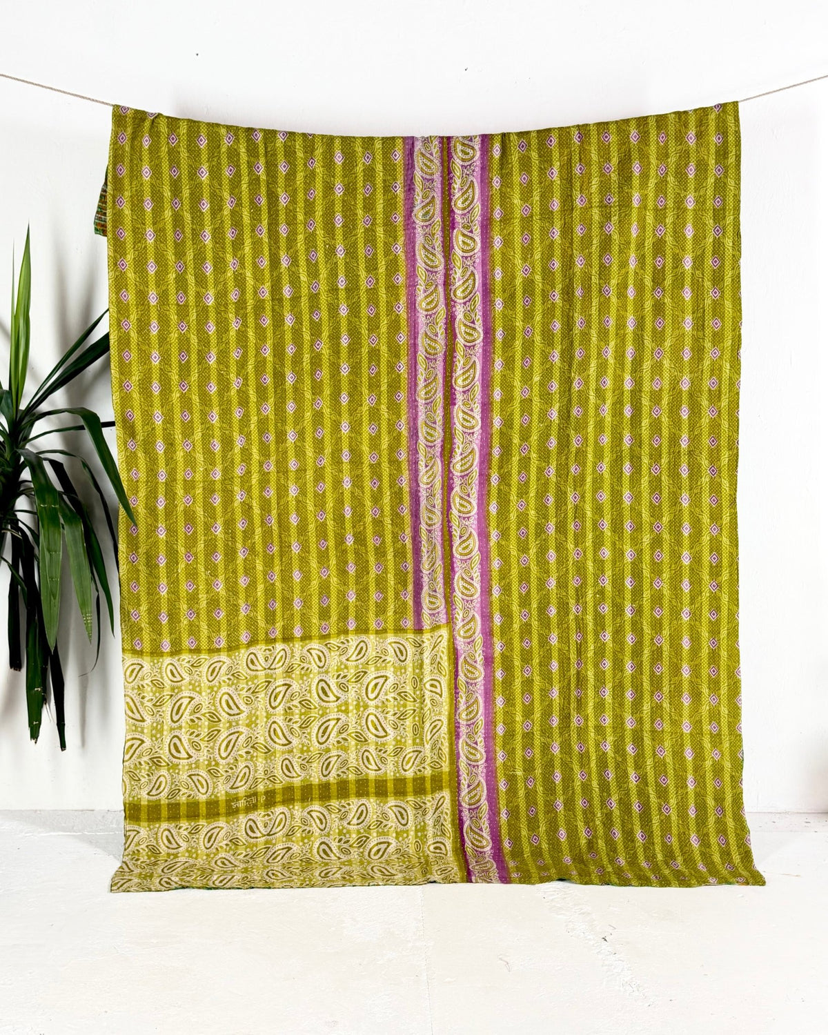 Large Fine Stitched Vintage Kantha Quilt in Green - Biggs & Hill