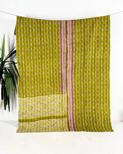 Large Fine Stitched Vintage Kantha Quilt in Green - Biggs & Hill