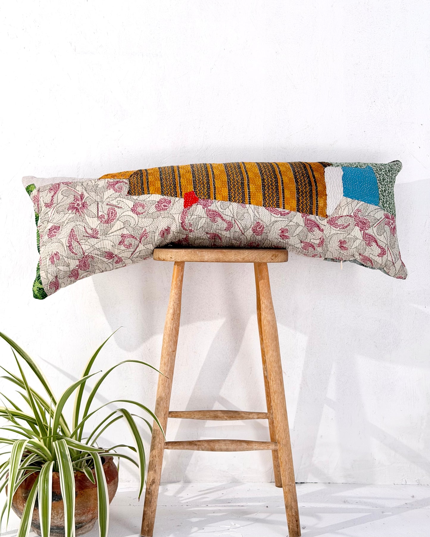 Vintage Kantha Bolster Cushion Cover In Patchwork Orange, Blue and White - 100cm