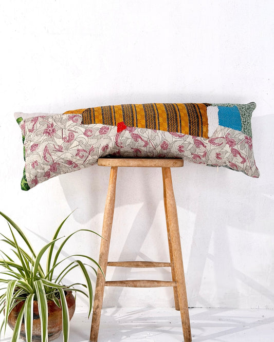 Vintage Kantha Bolster Cushion Cover In Patchwork Orange, Blue and White - 100cm - Biggs & Hill