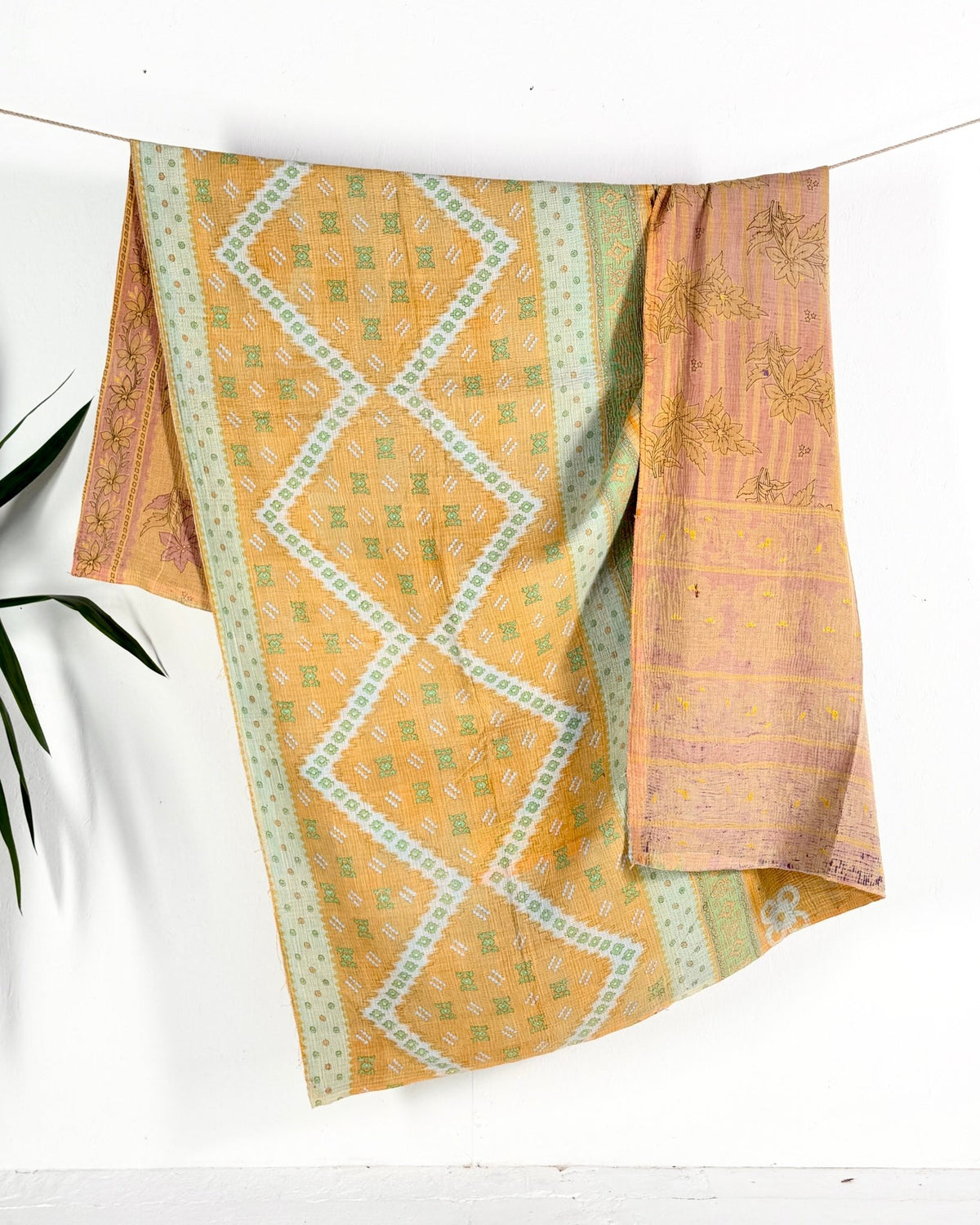 Extra Large Fine Stitched Vintage Kantha Quilt in Geometric Yellow and Green - Biggs & Hill