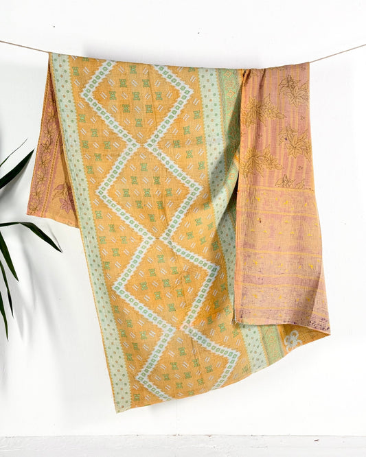 Extra Large Fine Stitched Vintage Kantha Quilt in Geometric Yellow and Green - Biggs & Hill