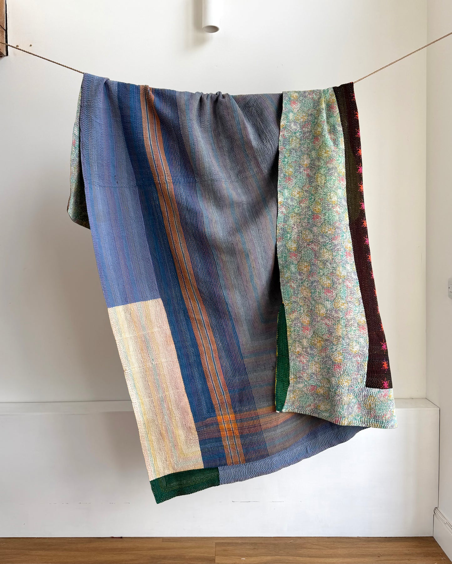 Vintage Embroidered Ralli Quilt in Black and Blue