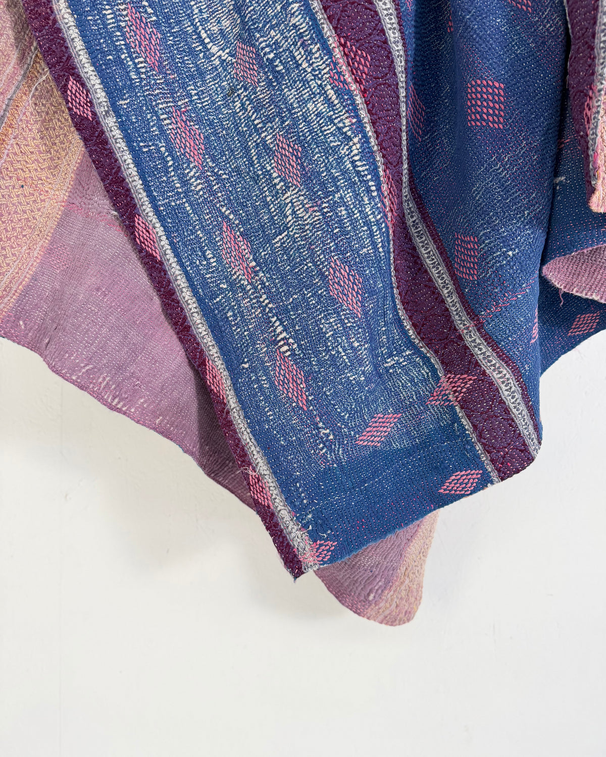 Heavy Fine Stitched Embroidered Vintage Kantha Quilt in Blue and Pink