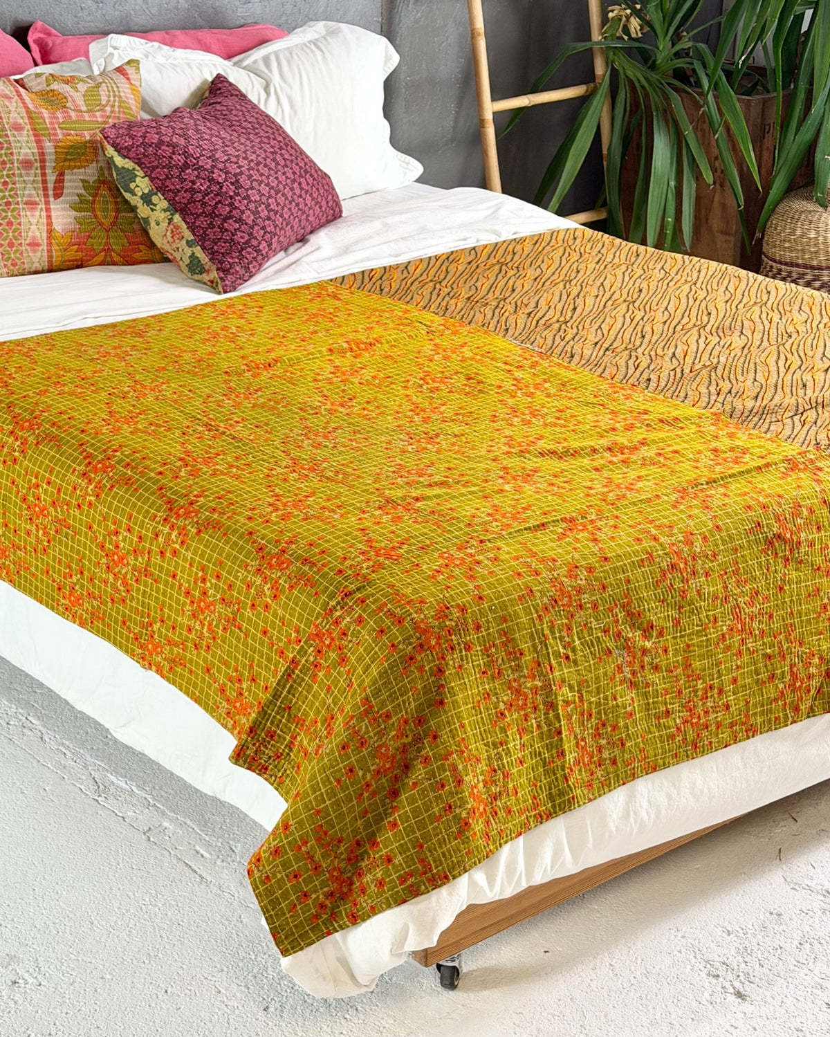 Fine Stitched Vintage Kantha Quilt in Pink, Yellow and Mustard - Biggs & Hill