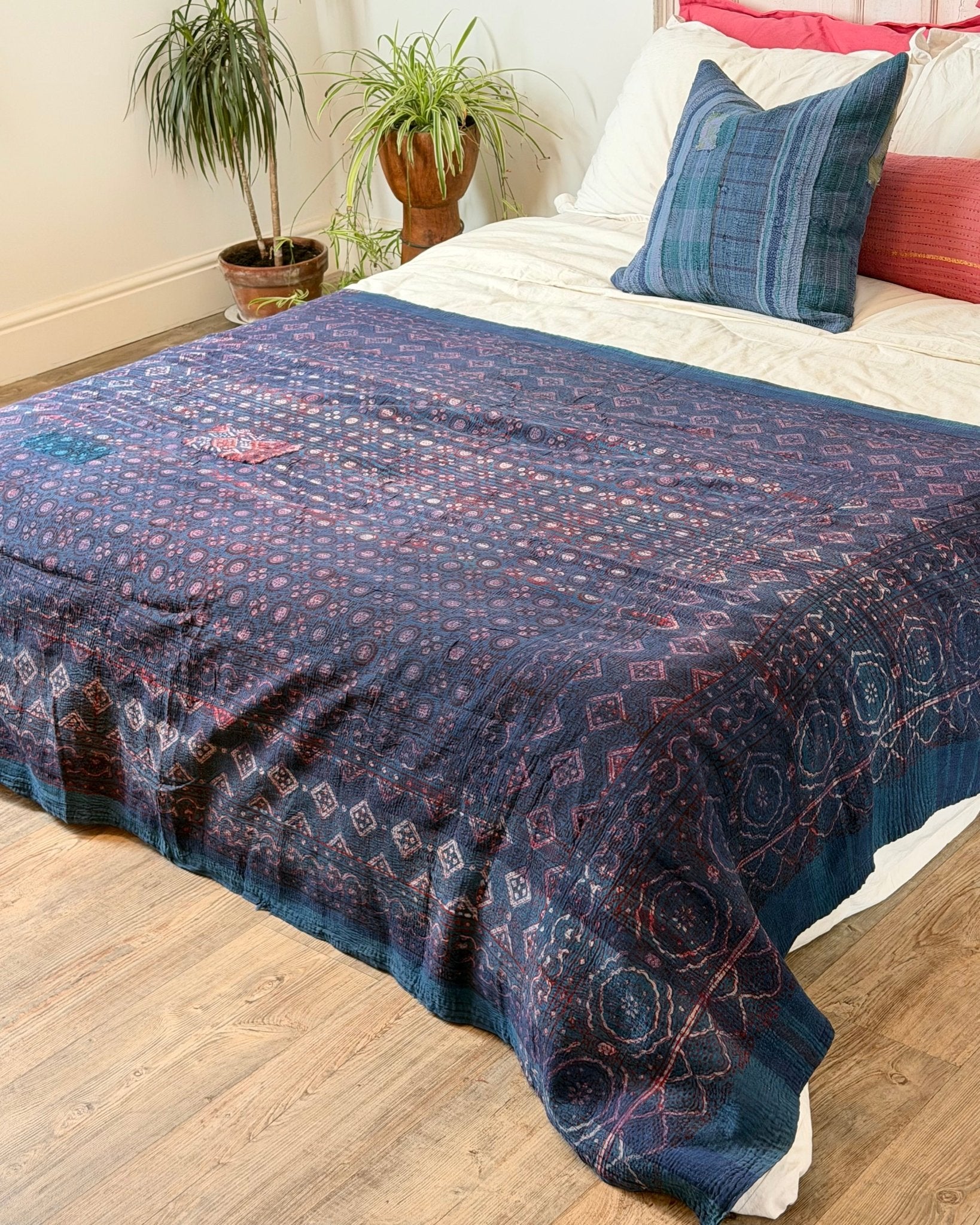 Ajrak Printed Vintage Kantha Quilt In Deep Blue - Biggs & Hill