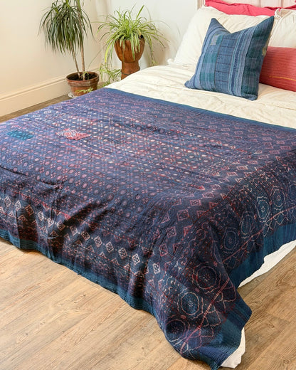 Ajrak Printed Vintage Kantha Quilt In Deep Blue - Biggs & Hill