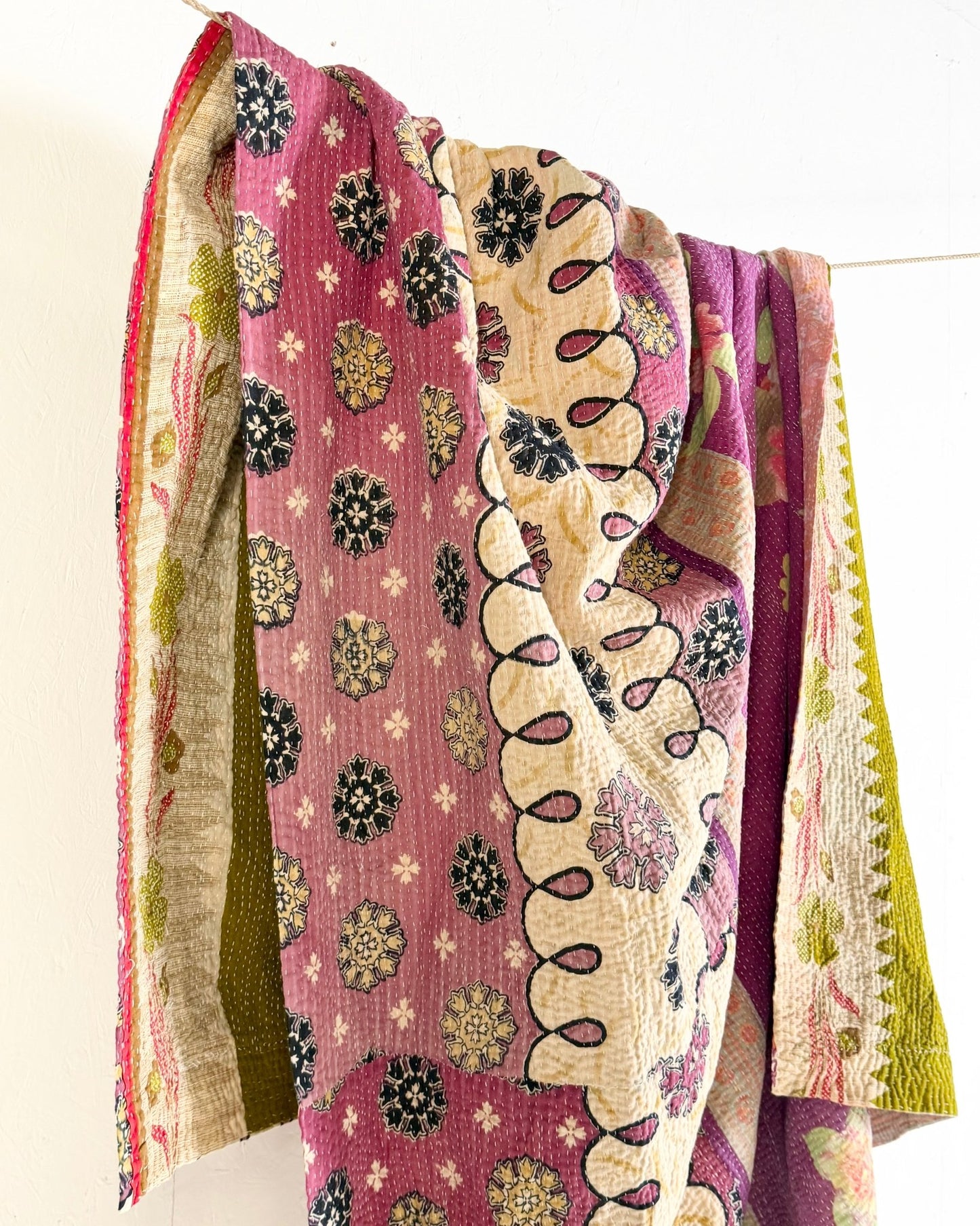 Large Fine Stitched Vintage Kantha Quilt in Pink, Green and Purple Florals - Biggs & Hill