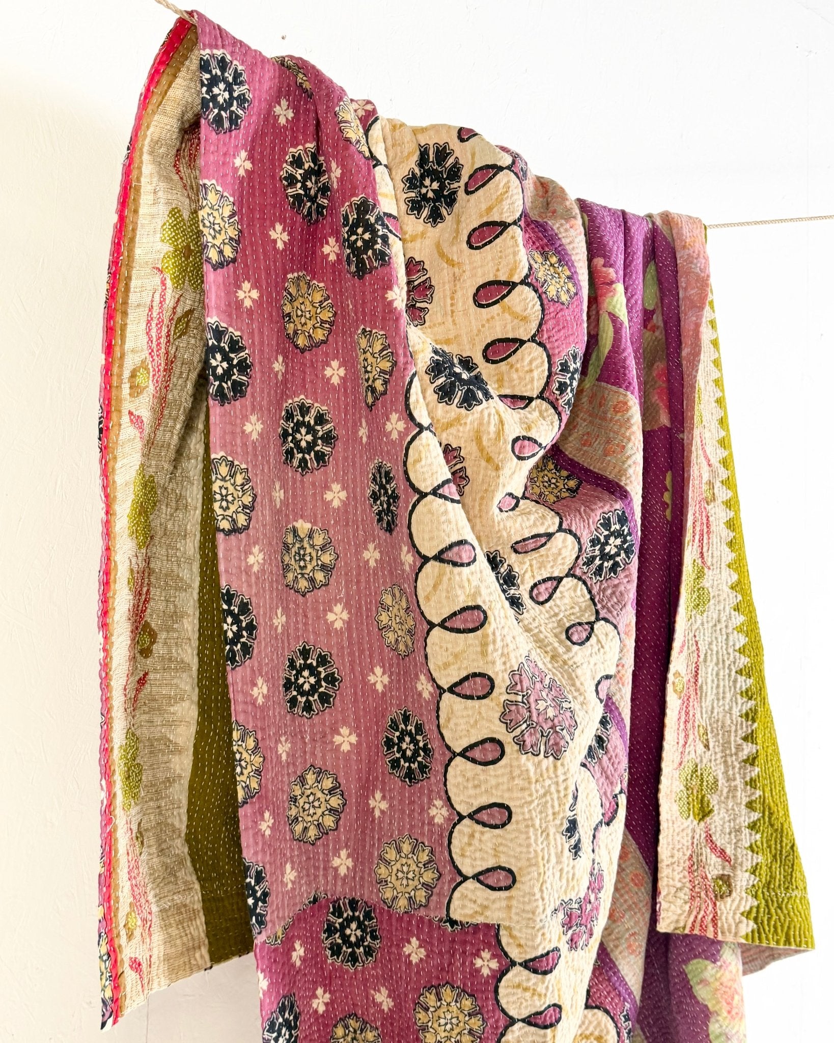 Large Fine Stitched Vintage Kantha Quilt in Pink, Green and Purple Florals - Biggs & Hill