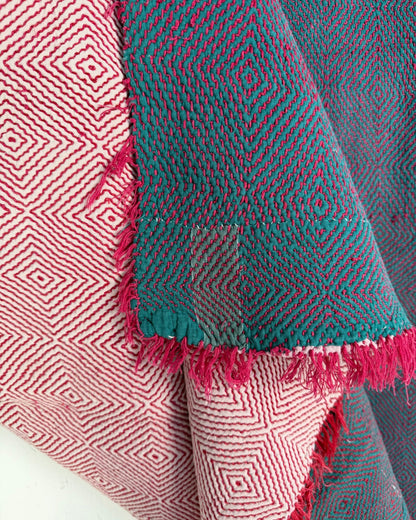 Large Heavy Kantha Blanket Quilt With Lik Phul Stitching In Forest Green and Pink - Biggs & Hill