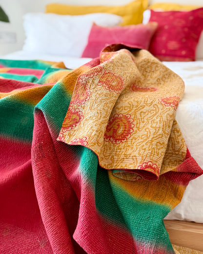 Extra Large Fine Stitched Vintage Kantha Quilt in Beige, Red and Green