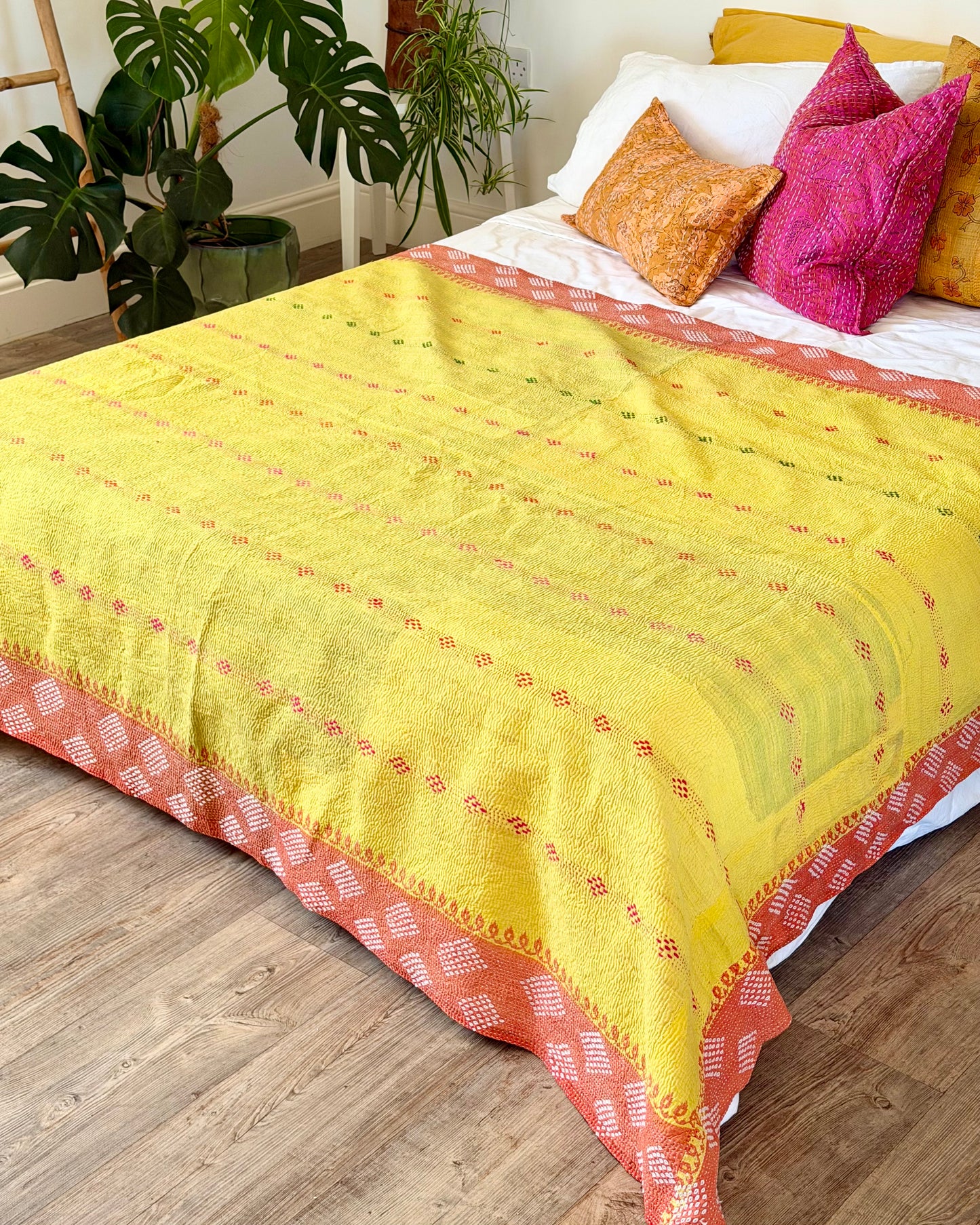 Large Embroidered Vintage Kantha Quilt in Yellow and Orange