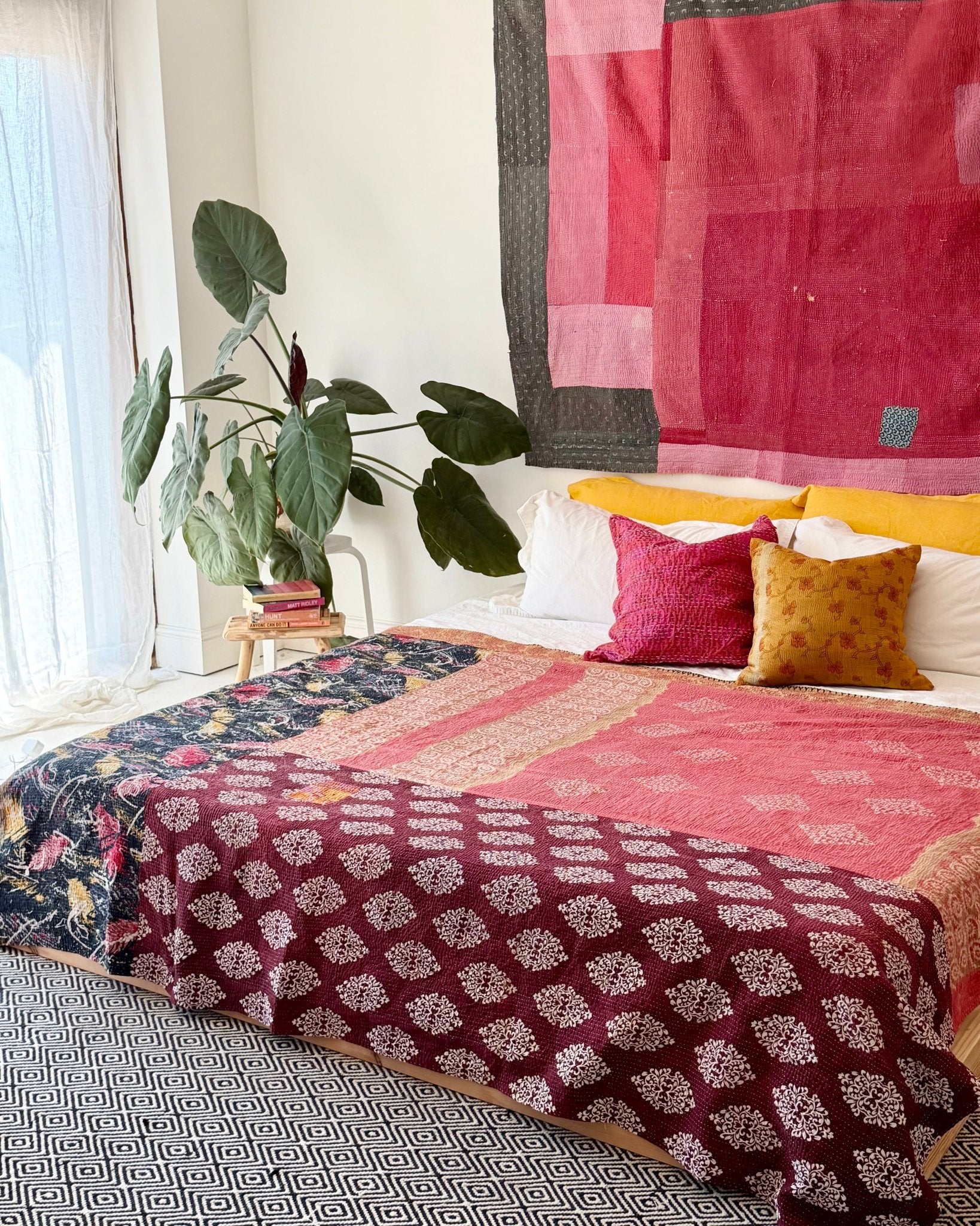 Large Fine Stitched Vintage Kantha Quilt in Pinks, Burgundy and Yelllows - Biggs & Hill