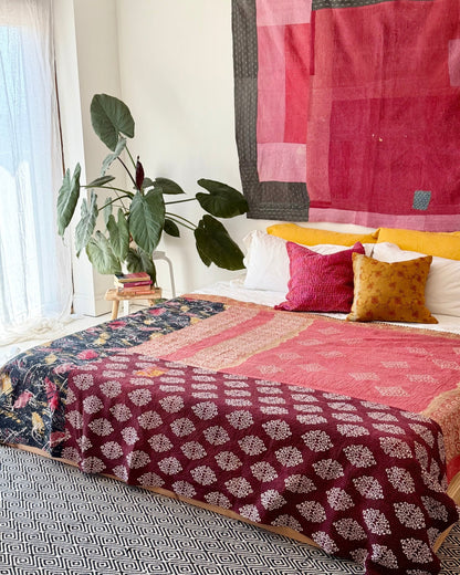 Large Fine Stitched Vintage Kantha Quilt in Pinks, Burgundy and Yelllows - Biggs & Hill