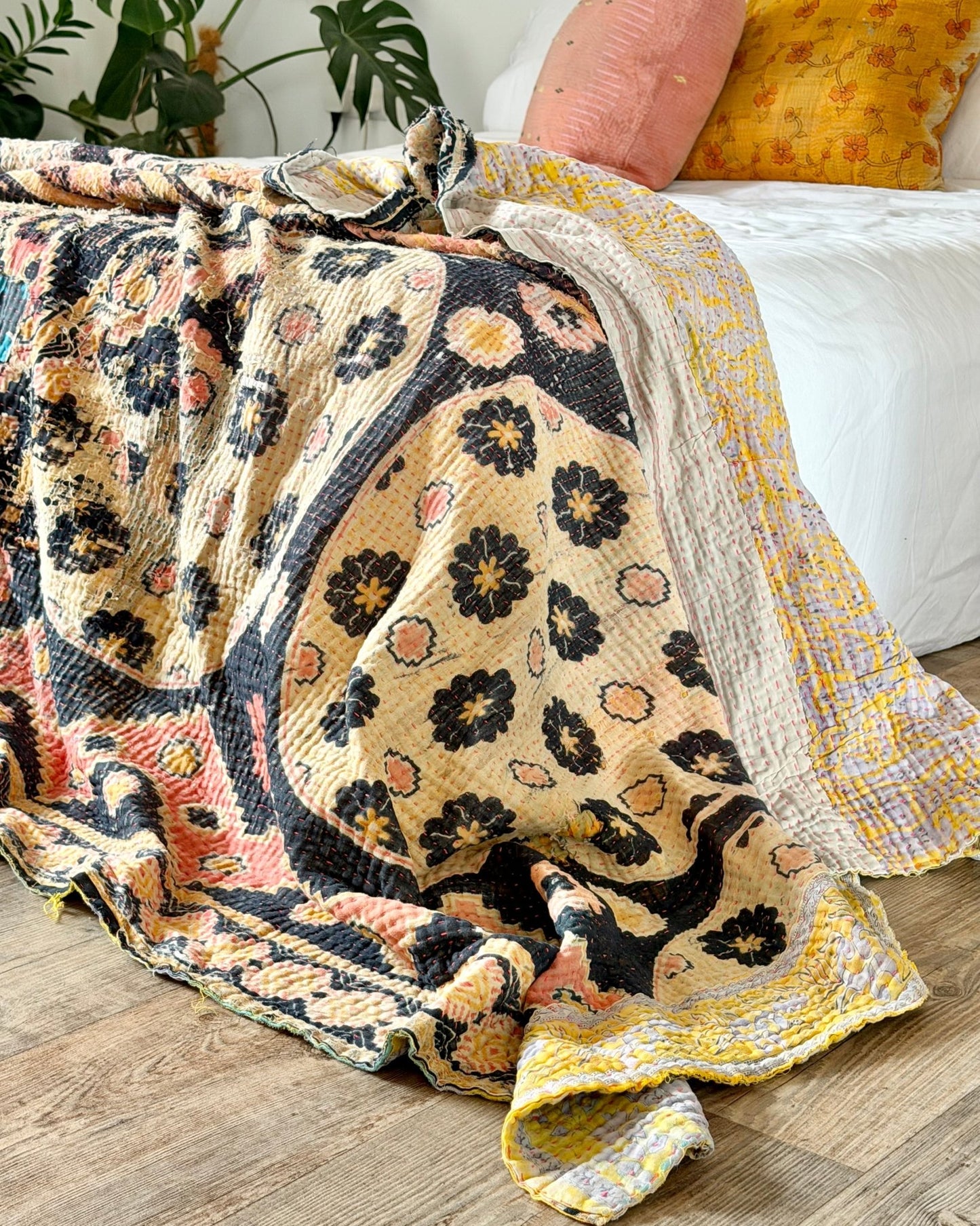 Large Textured Vintage Kantha Quilt In Geometric Peach and Black - Biggs & Hill
