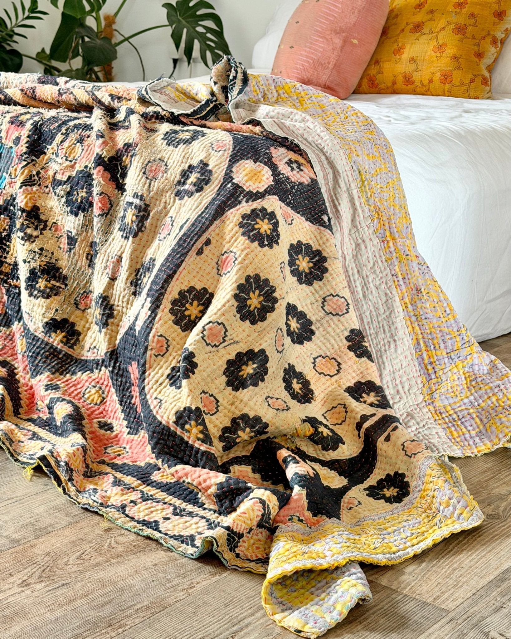 Large Textured Vintage Kantha Quilt In Geometric Peach and Black - Biggs & Hill