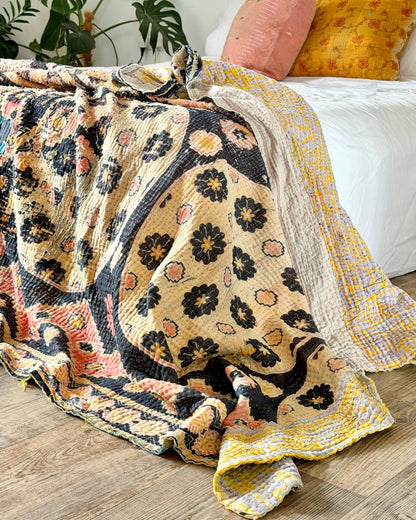 Large Textured Vintage Kantha Quilt In Geometric Peach and Black - Biggs & Hill